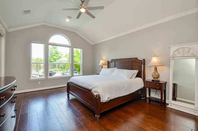 25718 Creek Ledge Dr, Katy, TX 77494 - bedroom with hardwood / wood-style flooring, vaulted ceiling, ornamental molding, and a ceiling fan