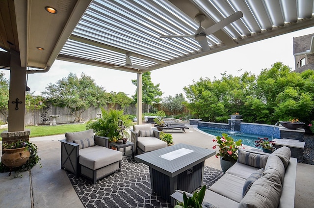 25718 Creek Ledge Dr, Katy, TX 77494 - fenced backyard with an outdoor living space, a patio, an outdoor pool, and a pergola