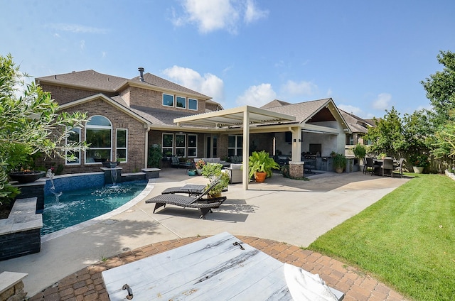 25718 Creek Ledge Dr, Katy, TX 77494 - back of house with brick siding, an outdoor living space, an outdoor pool, a patio area, and roof with shingles