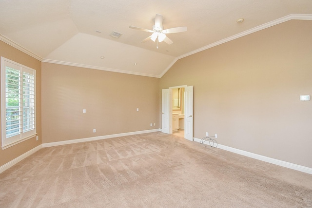 9610 Oakland Lake Way, Missouri City, TX 77459 - spare room featuring lofted ceiling, a ceiling fan, light carpet, and crown molding
