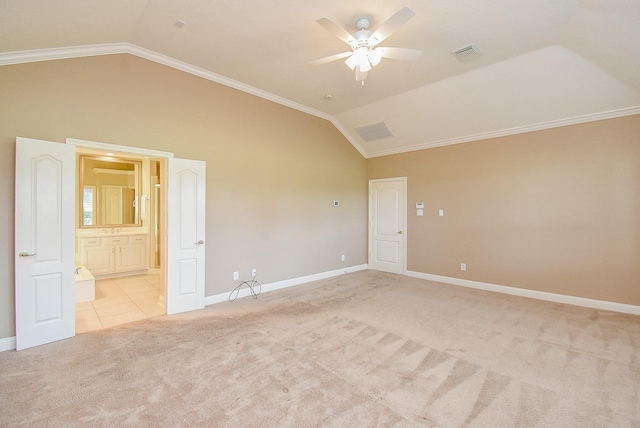 9610 Oakland Lake Way, Missouri City, TX 77459 - spare room with vaulted ceiling, light carpet, ceiling fan, ornamental molding, and light tile patterned flooring
