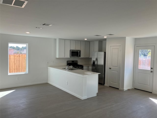 10824 Red Orchid Dr, Houston, TX 77016 - kitchen with stainless steel appliances, healthy amount of natural light, a peninsula, wood finished floors, and recessed lighting