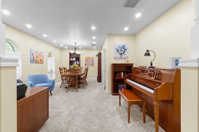 27225 Orth Ln, Conroe, TX 77385 - dining space featuring light carpet, a chandelier, and recessed lighting