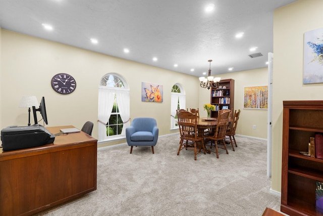 27225 Orth Ln, Conroe, TX 77385 - dining space featuring a chandelier, recessed lighting, carpet floors, and an office area