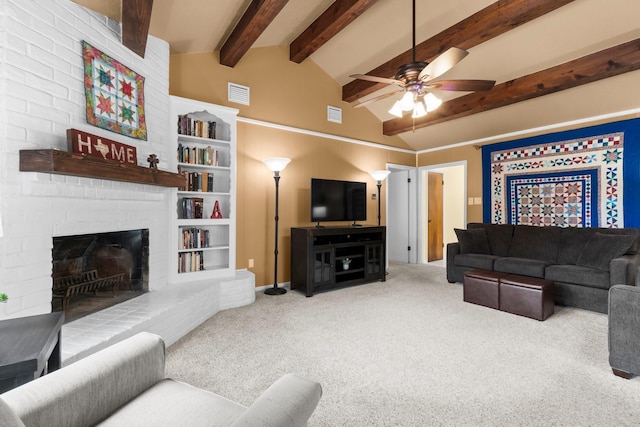 27225 Orth Ln, Conroe, TX 77385 - living area featuring carpet flooring, ceiling fan, and a fireplace