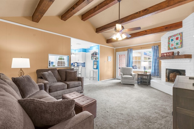 27225 Orth Ln, Conroe, TX 77385 - carpeted living area featuring a fireplace and a ceiling fan
