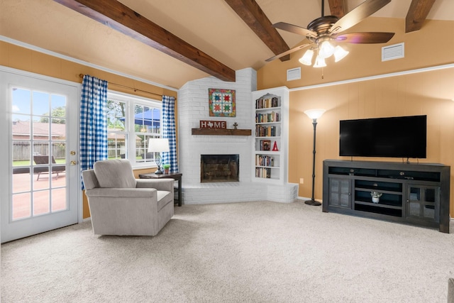 27225 Orth Ln, Conroe, TX 77385 - carpeted living room with a brick fireplace and a ceiling fan