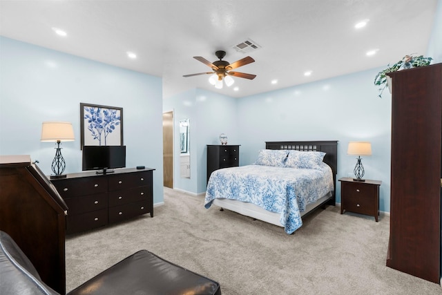 27225 Orth Ln, Conroe, TX 77385 - bedroom featuring light colored carpet, recessed lighting, a ceiling fan, and ensuite bathroom