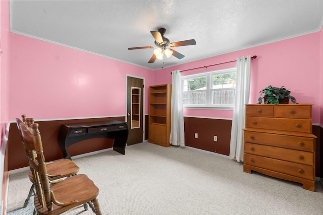 27225 Orth Ln, Conroe, TX 77385 - living area with a ceiling fan, carpet floors, and ornamental molding