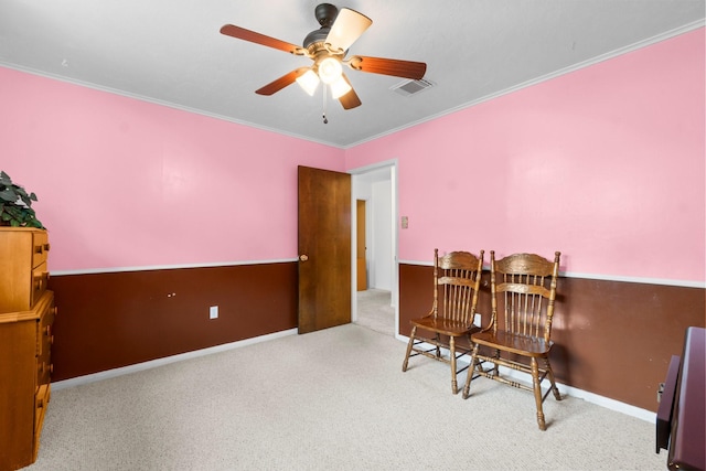 27225 Orth Ln, Conroe, TX 77385 - sitting room featuring a ceiling fan, carpet floors, and crown molding