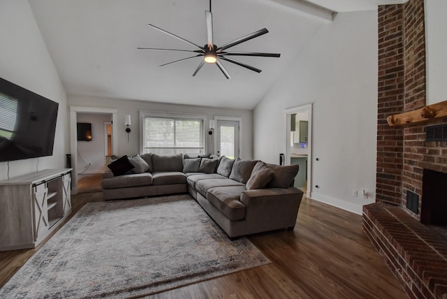 510 Daffodil St, Lake Jackson, TX 77566 - living area with a ceiling fan, a fireplace, dark wood-style floors, high vaulted ceiling, and beam ceiling