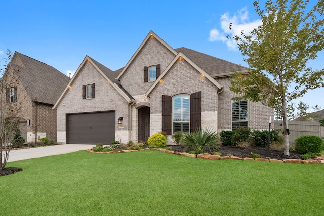 15139 Botanical Garden Dr, Conroe, TX 77302 - french country home with brick siding, driveway, roof with shingles, and an attached garage