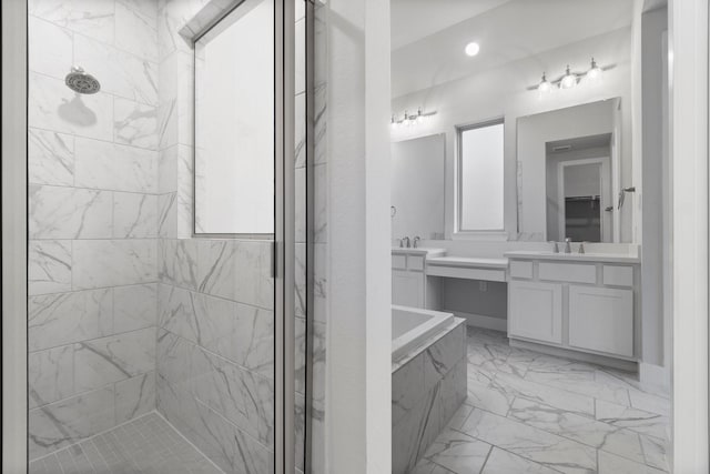 15139 Botanical Garden Dr, Conroe, TX 77302 - full bathroom with marble look tile flooring, tiled shower, vanity, and a tub with marble appearance