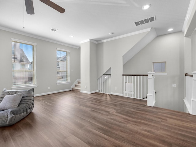 9618 Cambridge Manor Ln, Houston, TX 77045 - unfurnished living room with ornamental molding, a ceiling fan, wood finished floors, and recessed lighting
