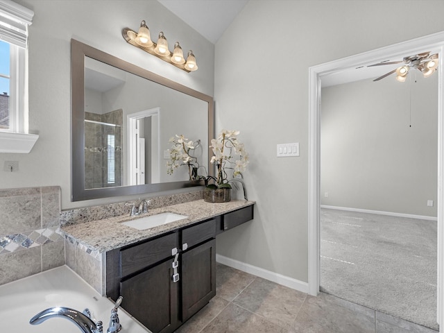 9618 Cambridge Manor Ln, Houston, TX 77045 - full bathroom featuring a ceiling fan, vanity, a tile shower, and a tub