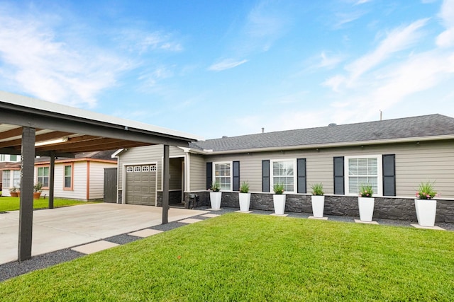 1838 Saxon Dr, Houston, TX 77018 - ranch-style home with a garage, stone siding, a front lawn, and a carport