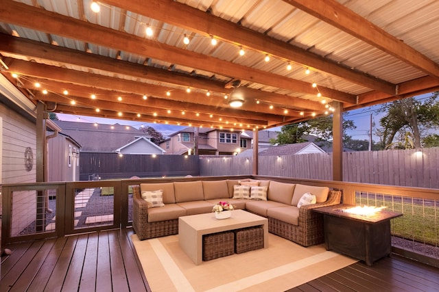 1838 Saxon Dr, Houston, TX 77018 - wooden terrace featuring a fenced backyard and an outdoor living space with a fire pit