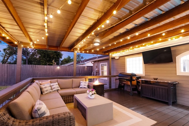 1838 Saxon Dr, Houston, TX 77018 - wooden deck featuring an outdoor hangout area, a grill, and a fenced backyard