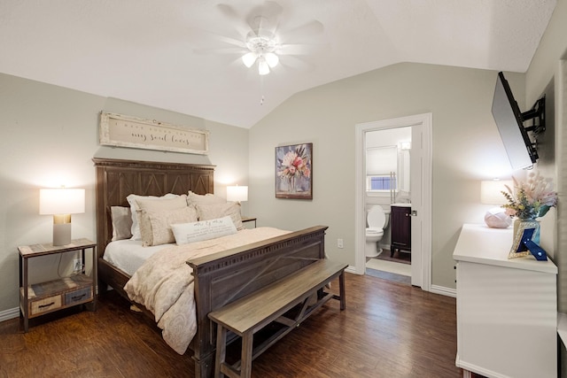 1838 Saxon Dr, Houston, TX 77018 - bedroom with vaulted ceiling, dark wood finished floors, ensuite bathroom, and ceiling fan