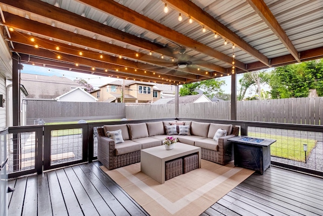 1838 Saxon Dr, Houston, TX 77018 - wooden terrace with a fenced backyard, outdoor lounge area, and ceiling fan