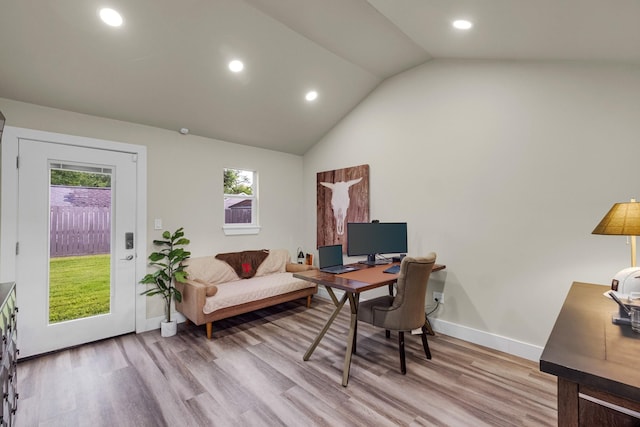 1838 Saxon Dr, Houston, TX 77018 - office area with lofted ceiling, light wood finished floors, and recessed lighting