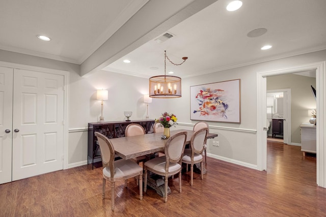 1838 Saxon Dr, Houston, TX 77018 - dining room with wood finished floors, recessed lighting, ornamental molding, and a chandelier
