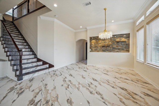 13205 Dartmoor Terrace Dr, Houston, TX 77077 - interior space with healthy amount of natural light, arched walkways, a chandelier, stairs, and ornamental molding