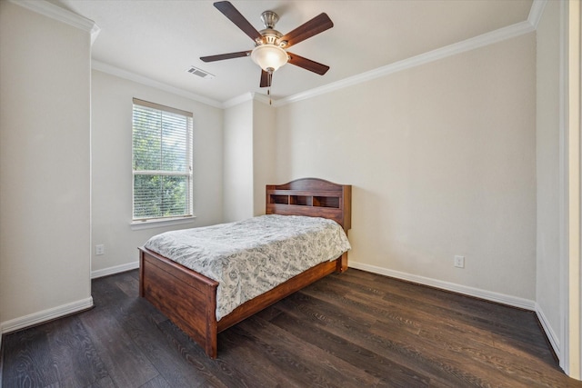 13205 Dartmoor Terrace Dr, Houston, TX 77077 - bedroom with dark wood-style floors, ornamental molding, and a ceiling fan