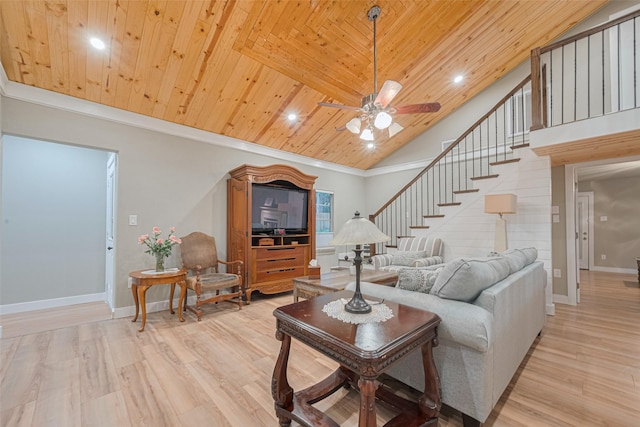 6170 Beech Dr, Montgomery, TX 77316 - living room featuring wooden ceiling, ceiling fan, light wood-style floors, stairs, and high vaulted ceiling