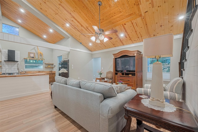 6170 Beech Dr, Montgomery, TX 77316 - living room with light wood-style flooring, ceiling fan, wooden ceiling, recessed lighting, and high vaulted ceiling