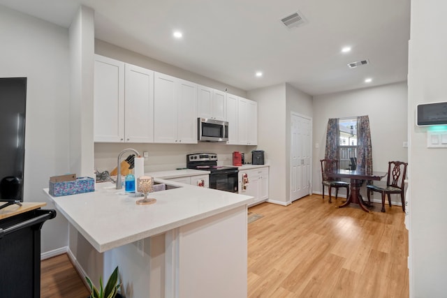 7921 Sparta St, Houston, TX 77028 - kitchen with stainless steel microwave, range with electric cooktop, light countertops, white cabinets, and light wood-style floors