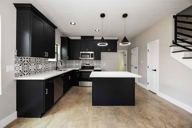 2407 Dolly Wright St, Houston, TX 77088 - kitchen featuring stainless steel appliances, dark cabinetry, finished concrete flooring, decorative backsplash, and recessed lighting