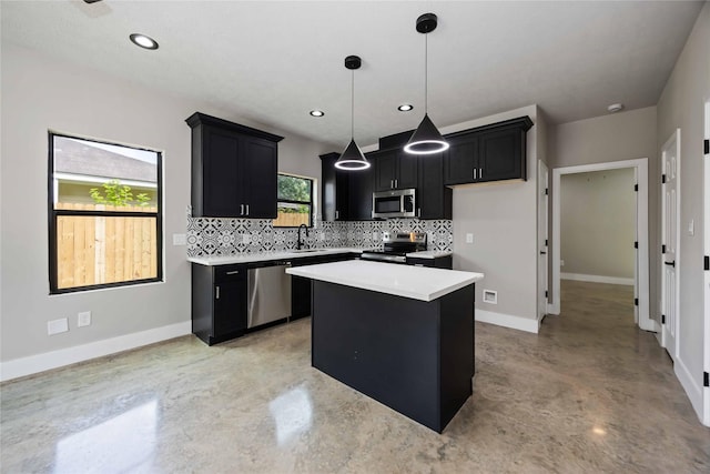 2407 Dolly Wright St, Houston, TX 77088 - kitchen featuring stainless steel appliances, finished concrete floors, dark cabinets, tasteful backsplash, and recessed lighting