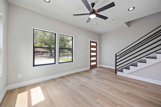 2409 Dolly Wright St, Houston, TX 77088 - foyer entrance featuring recessed lighting, stairs, light wood finished floors, and a ceiling fan