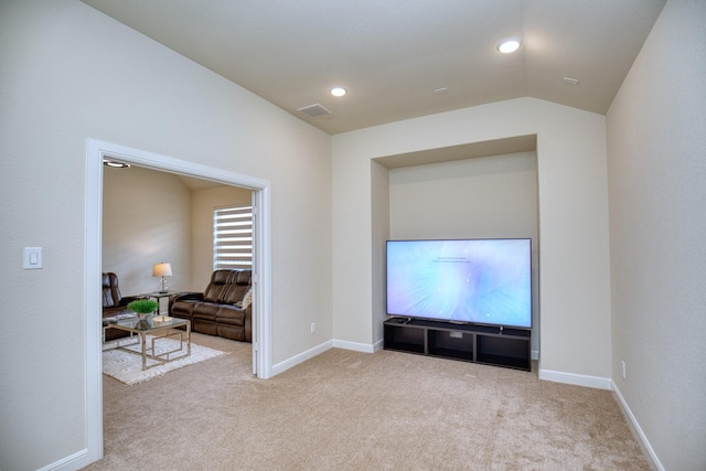 5506 Bellingen River Ln, Sugar Land, TX 77479 - carpeted home theater featuring vaulted ceiling and recessed lighting