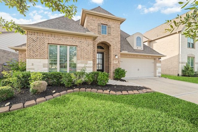 13727 Pedernales Ct, Cypress, TX 77429 - french country home featuring brick siding, roof with shingles, an attached garage, and concrete driveway