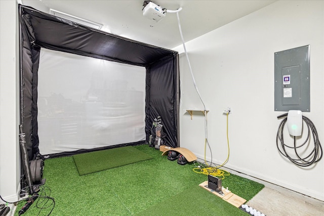 32311 Noble Creek Dr, Conroe, TX 77385 - recreation room featuring golf simulator and electric panel