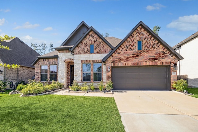 32311 Noble Creek Dr, Conroe, TX 77385 - french provincial home featuring a front yard, brick siding, concrete driveway, stone siding, and roof with shingles