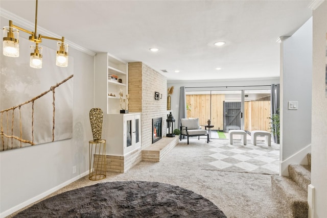6429 Burgoyne Rd Unit 15, Houston, TX 77057 - living room featuring carpet floors, a fireplace, ornamental molding, and recessed lighting