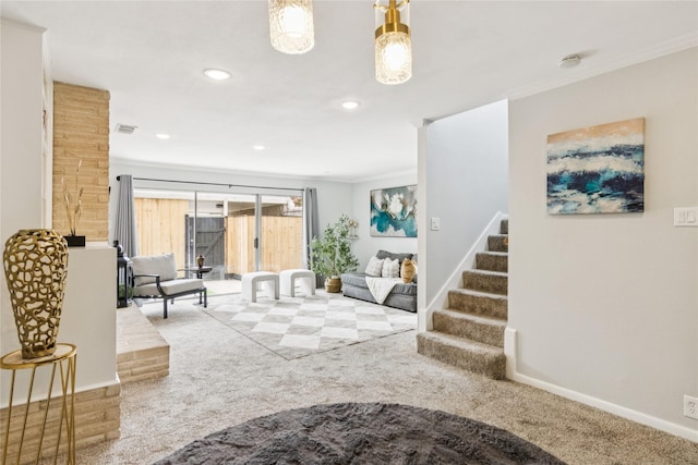 6429 Burgoyne Rd Unit 15, Houston, TX 77057 - living area with carpet, stairway, recessed lighting, and ornamental molding