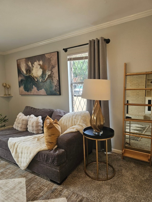 6429 Burgoyne Rd Unit 15, Houston, TX 77057 - carpeted living area featuring ornamental molding and baseboards