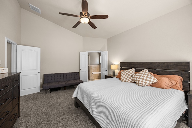 15003 Moonlight Mist Dr, Humble, TX 77346 - carpeted bedroom with lofted ceiling, ceiling fan, and connected bathroom