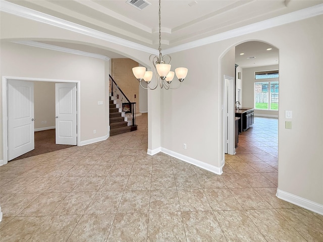 18614 Rimini Ridge Ct, Cypress, TX 77429 - unfurnished room with stairway, light tile patterned floors, arched walkways, a chandelier, and crown molding