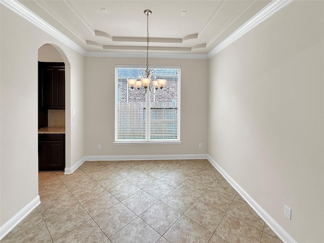 18614 Rimini Ridge Ct, Cypress, TX 77429 - unfurnished room featuring light tile patterned floors, arched walkways, a raised ceiling, and a chandelier