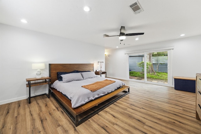 1818 Berryfield Dr, Houston, TX 77077 - bedroom featuring access to exterior, recessed lighting, light wood-style floors, and a ceiling fan