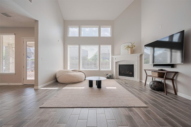 4107 Rainflower Ct, Fulshear, TX 77441 - living area featuring wood finished floors, high vaulted ceiling, and a glass covered fireplace
