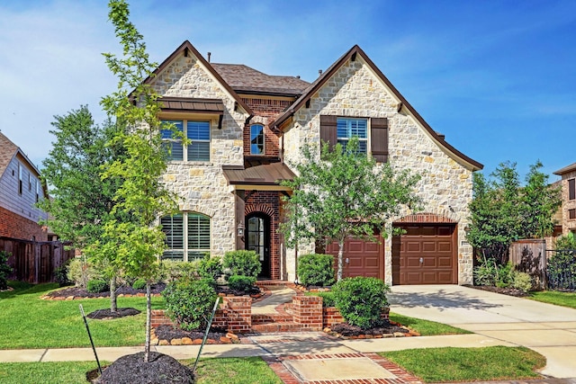 19222 Bullard Creek Dr, Cypress, TX 77433 - french country home featuring stone siding, an attached garage, driveway, and a standing seam roof