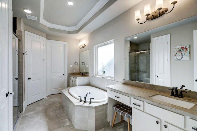 19222 Bullard Creek Dr, Cypress, TX 77433 - full bathroom with a shower stall, two vanities, a bath, ornamental molding, and tile patterned flooring