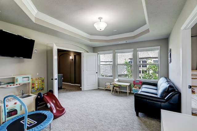 19222 Bullard Creek Dr, Cypress, TX 77433 - sitting room featuring a tray ceiling, plenty of natural light, crown molding, and carpet flooring
