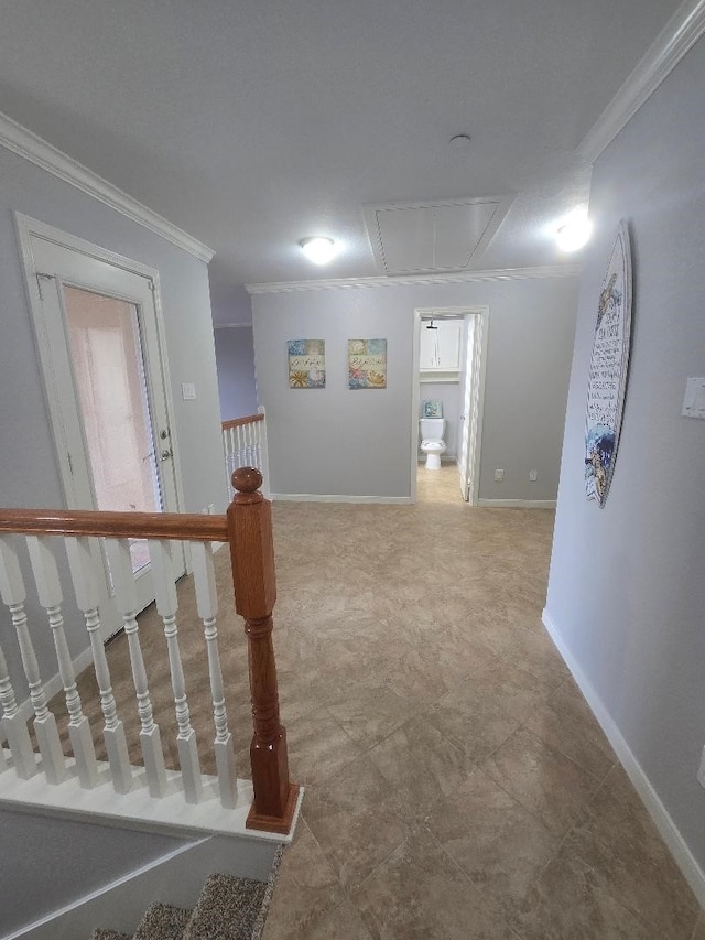176 Capetown, Conroe, TX 77356 - hall featuring attic access, crown molding, and an upstairs landing